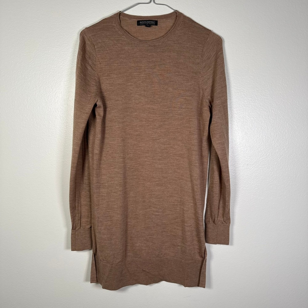 Banana Republic Merino Wool Sweater Tunic Womens Medium Tan Crew Neck Side Vent